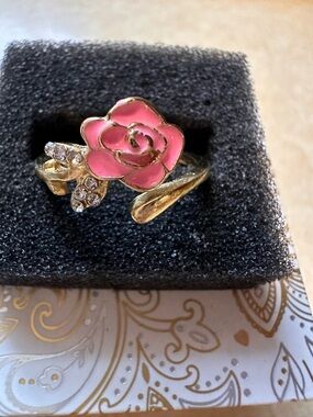 Gold-Tone Pink Rose Ring with Crystal Accents